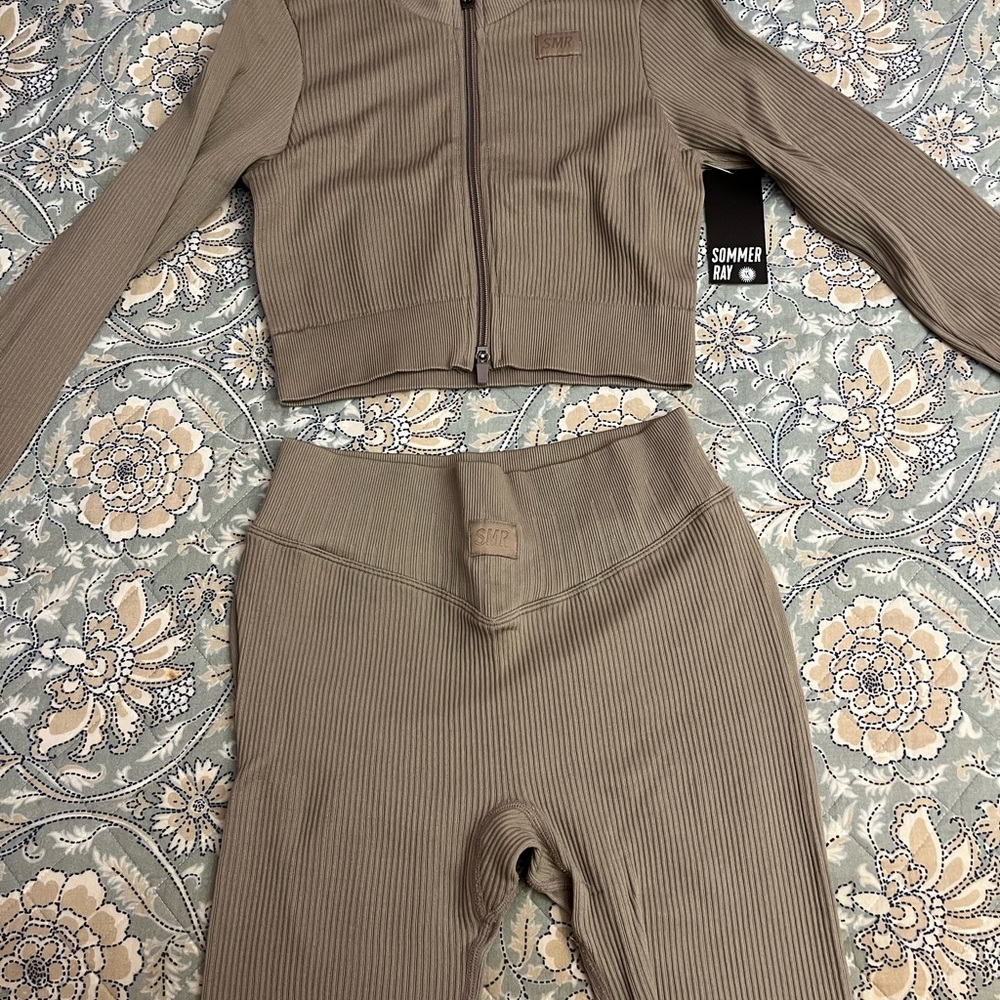 Women's Tan Ribbed Jumpsuit Set